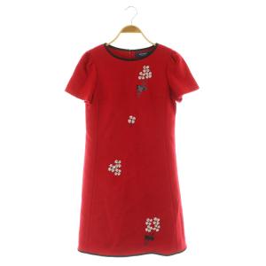 ビーズ刺繍 ウール ショートスリーブ ワンピース 膝丈 半袖 36 レッド /MY OS
