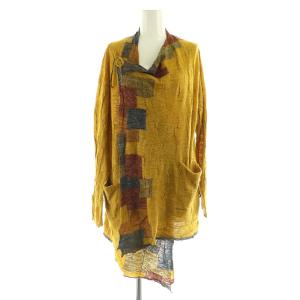 ウール リネン カーディガン ニット 長袖 変形 ロング M マスタード /MY OS