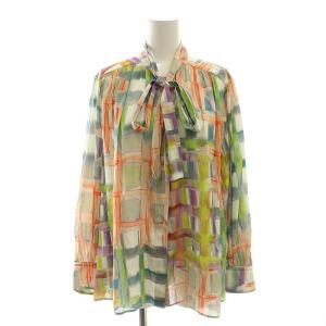 24SS スタックチェックプリント ワイドボウタイブラウス 長袖 36 グレー オレンジ マルチカラー