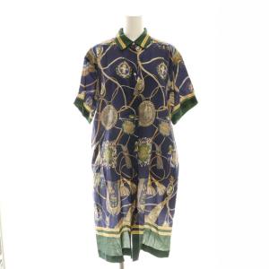 スカーフ柄 シャツワンピース 36 紺 緑 マルチカラー /MI OS