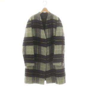 MANTECO チェック ノーカラーコート ロング 44 紫 パープル 緑 グリーン /AT OS