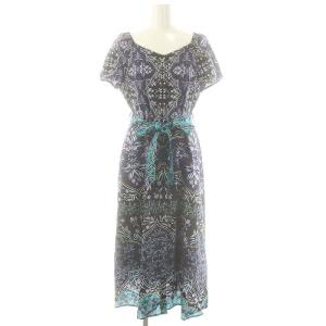 オリエンタルフラワープリントワンピース 半袖 36 ネイビー マルチカラー /ES OS