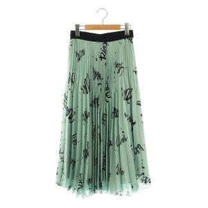 アートプリントプリーツスカート ロング フレア 36 ミントブルー ブラック /DO OS