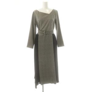 プリーツ切替チェックワンピース ミモレ ロング 長袖 36 グレー 黒 ブラック /AT OS