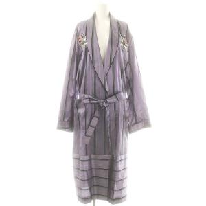 刺繍入り ストライプ シルク ガウン コート ショールカラー ベルト付き 1 紫 /MI OS SH