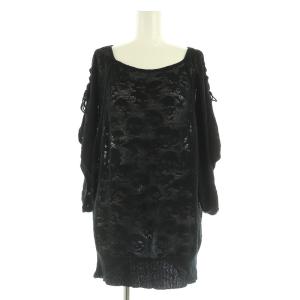 レースアップスリーブプルオーバー 五分袖 ニット ボートネック チュニック F ブラック /MY OS