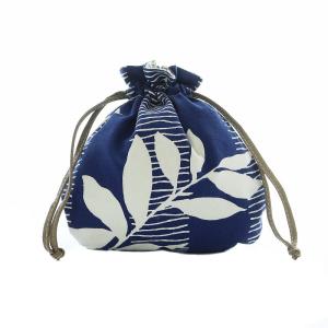 総柄巾着 ポーチ 植物柄 青 ネイビー /RI OS