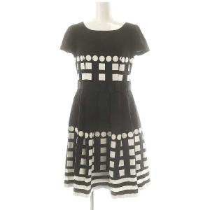 幾何学模様 ウエストリボン ワンピース 膝丈 半袖 38 ブラック /HK OS