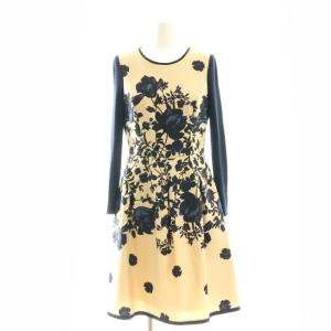 花柄 ニット切替 ワンピース ミモレ ロング 長袖 36 ベージュ 紺 ネイビー /AT OS