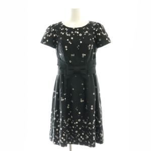 刺繍 リボン ワンピース ミモレ ロング 半袖 38 黒 ブラック /AT OS