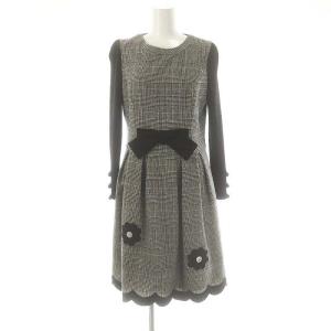 グレンチェック ニット切替 カメリア ワンピース ウール 38 黒 白 水色 /MI OS