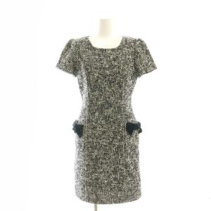 ツイード ベロアリボン ワンピース ひざ丈 半袖 38 白 ホワイト 黒 ブラック /AT OS