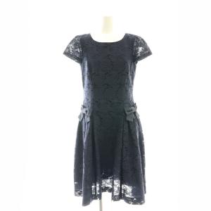 フラワーレース リボン ワンピース ミモレ ロング 半袖 38 紺 ネイビー /AT OS