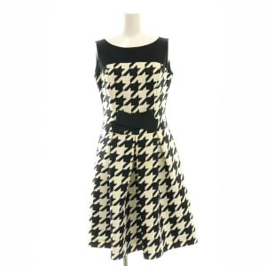 千鳥柄 リボン ワンピース ひざ丈 ノースリーブ 38 黒 ブラック 白 ホワイト /AT OS