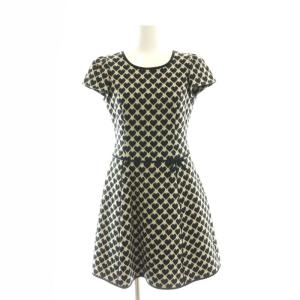 ハート ワンピース ひざ丈 半袖 36 ベージュ 黒 ブラック /AT OS