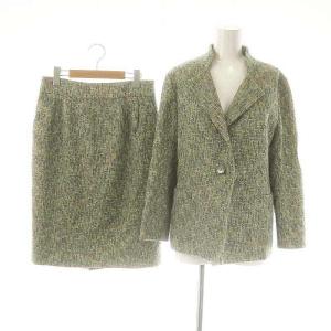 スカートスーツ セットアップ ツイード ジャケット シルク混 11 スモークグリーン ブルー /ES OS