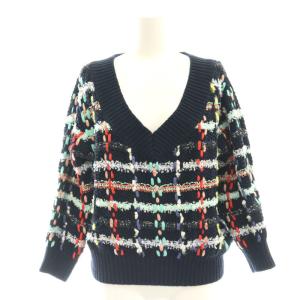 チェックドルマンニットトップ セーター Vネック 36 紺 ネイビー /AT OS