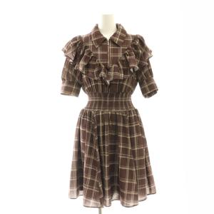 24AW フロントジップハーフスリーブシャツミニワンピース チェック M ブラウン ホワイト /ES OS