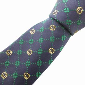 GUCK MC インターロッキングG ネクタイ カジュアル 四葉クローバー 刺繍 絹 シルク 紺 ネイビー