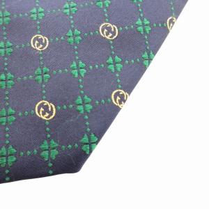 GUCCI GUCK MC インターロッキングG ネクタイ カジュアル 四葉クローバー 刺繍 絹 シルク 紺 ネイビー