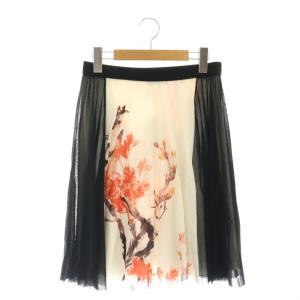 パワーネット 総柄 スカート ギャザー ひざ丈 0 黒 ブラック 白 ホワイト /AT OS