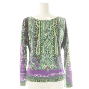 ペイズリー柄 ストレッチ カットソー 長袖 38 グリーン パープル /DF OS