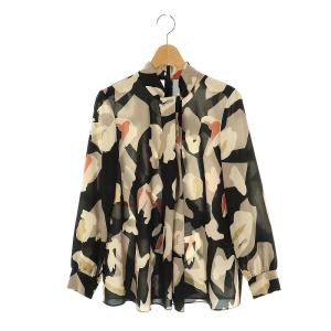 ビックカモフラージュプリントタックネックブラウス 長袖 総柄 2 黒 ブラック /AT OS