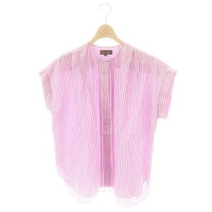 コットンストライプフロントレースブラウス フレンチスリーブ 36 ピンク グレー /DF OS