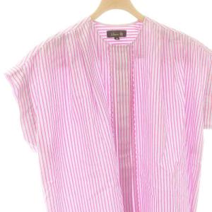 Drawer コットンストライプフロントレースブラウス フレンチスリーブ 36 ピンク グレー /DF OS