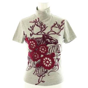 刺繍プリントTシャツ ハイネックカットソー 半袖 26/40 グレー ボルドー /ES OS