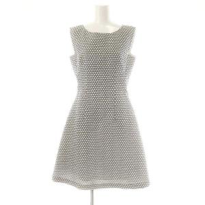 総柄ノースリーブフリルワンピース 膝丈 シルク混 36 オフホワイト グレー /DO OS