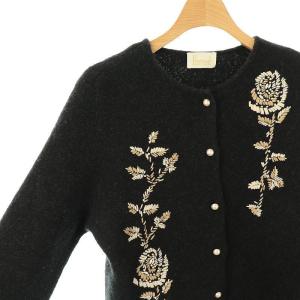 Harrods ウール アンゴラ パールボタン クルーネックカーディガン ニット ブラック ベージュ /ES OS