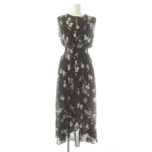 23SS ウエストシャーリングフラワープリントワンピ ドレス インナー付き 1 黒 白 /MI OS