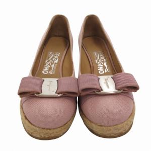 Salvatore Ferragamo ヴァラ リボン ウェッジソールパンプス エスパドリーユ キャンバス 5.5 C ピンク /FF