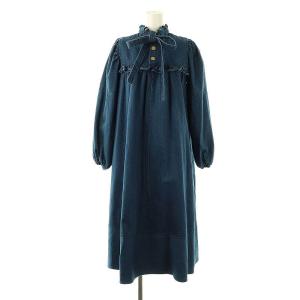 ハイネックデニムワンピース フリル S ブルー