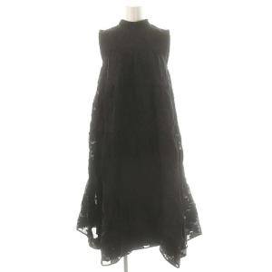 ジャガードフラワーふんわりワンピース ミモレ ロング ノースリーブ 1 黒 ブラック /AT OS