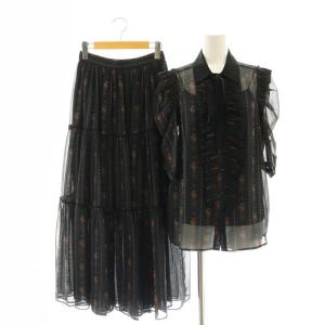 セットアップ オリジナルプリント 花柄 フリルブラウス フレアスカート インナー付き 36 黒 赤 マルチカラー