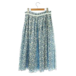 Drawer フラワープリントタックスカート フレアスカート ロング シルク 36 ブルー スモークブルー /ES OS