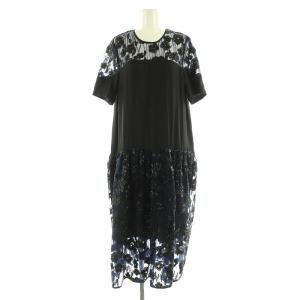 レース スパンコール ワンピース ロング 半袖 サテン 切替 36 ネイビー /MY OS