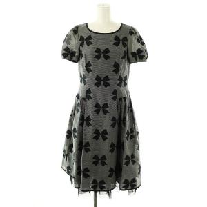 リボン柄 チュール ショートスリーブ ワンピース ひざ丈 38 ブラック グレー /DF OS