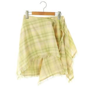 チェック柄 ラップスカート 膝丈 フレア ウール シルク混 42 ベージュ 黄緑 /NR OS