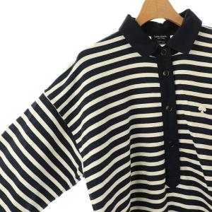 kate spade new york ストライプ ポロ ニット プルオーバー ポロシャツ カットソー 九分袖 S ネイビー ホワイト /DF
