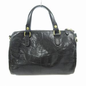 2WAY ハンドバッグ ショルダー クロコ型押し レザー 黒 ブラック /JS
