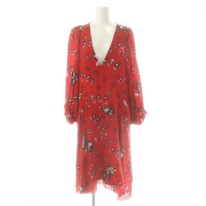 シルク 花柄 Vネック ワンピース ひざ丈 長袖 M 赤 レッド /AT OS
