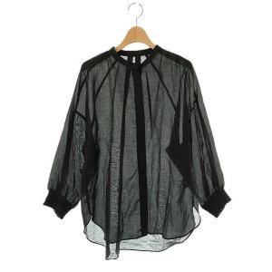 23SS 袖口シャーリングブラウス チュニック バンドカラー 38 黒 /MI OS