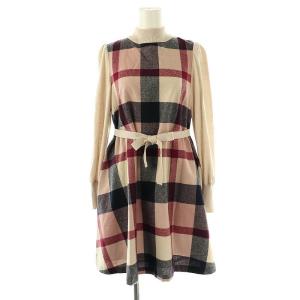 クレストブリッジチェック ミニワンピース ウール ベルト付き 36 ベージュ ボルドー ピンク 紺 /MI