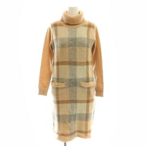 クレストブリッジチェック ニット ワンピース ひざ丈 タートルネック 36 ベージュ マルチカラー /DF