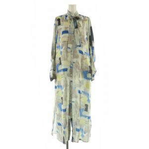 23SS ボリュームスリーブプリントワンピース ロング 長袖 サテン ペチコート付 F グレー ブルー