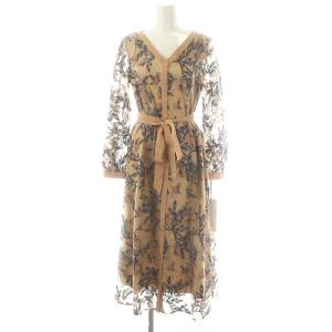 フラワー刺繍フレアワンピース 36 ピンクベージュ