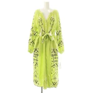 23SS キカカフタンワンピース ロング 長袖 リネン混 36 ライトグリーン オフホワイト ダークブラウン